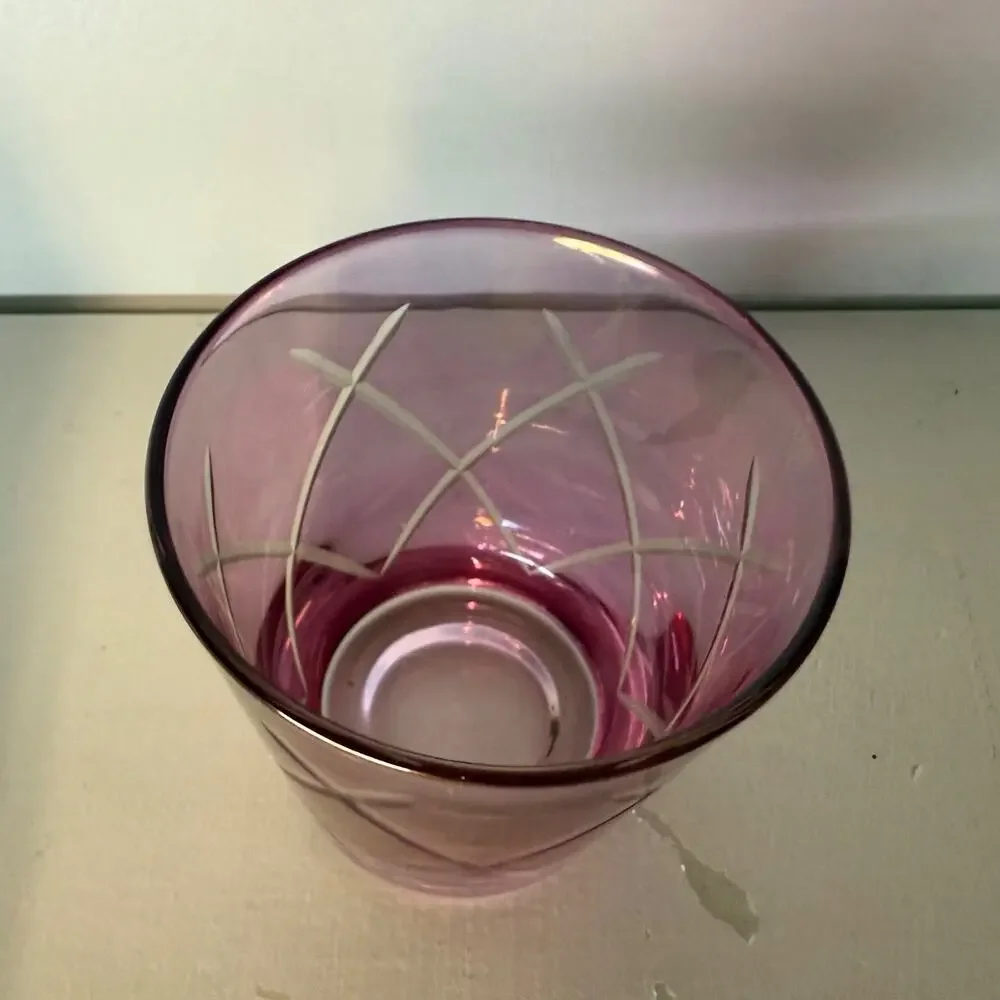 VTG MCM Iridescent Flashed Cranberry Red Pink Etched Covered Candy Dish w/ Lid